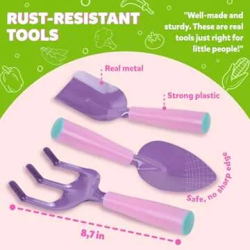 Pink Kids Gardening Tools - includes Sturdy Tote Bag, Watering Can, Gloves, Shovels, Garden Stakes, and a Delightful Children's Book "How to" Garden Tale - Kids Garden Tool set for toddler age on up.