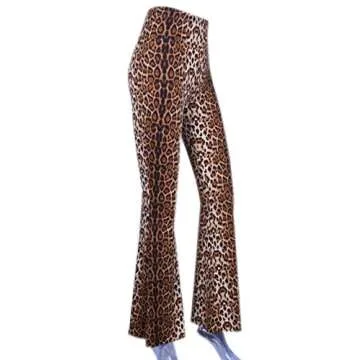 LOUVTON Women Leopard Print High Waist Flare Pants Lady Floor-Length Bell Bottom Autumn Winter Wide Leg Trousers (Leopard, S)