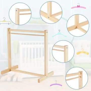 Civaner 11 Pcs Doll Garment Rack with Wooden Clothes Hanger for 18 Inch Girl Doll Clothes Mini Hangers Wardrobe Furniture Accessories for Dollhouse Baby Shower Supplies