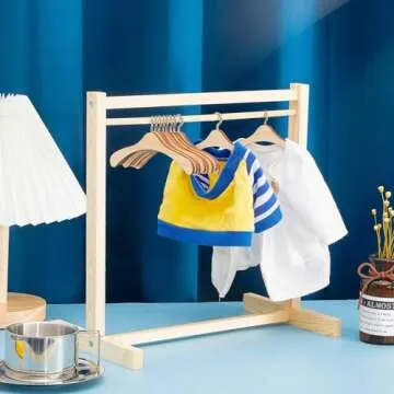 Civaner 11 Pcs Doll Garment Rack with Wooden Clothes Hanger for 18 Inch Girl Doll Clothes Mini Hangers Wardrobe Furniture Accessories for Dollhouse Baby Shower Supplies