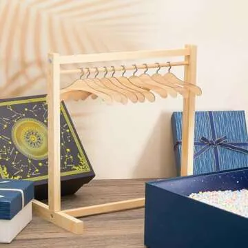 Civaner 11 Pcs Doll Garment Rack with Wooden Clothes Hanger for 18 Inch Girl Doll Clothes Mini Hangers Wardrobe Furniture Accessories for Dollhouse Baby Shower Supplies