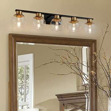 PAZALA Black Gold Bathroom Light Fixtures Over Mirror 5-Lights Vanity Light Wall Sconce with Globe G...