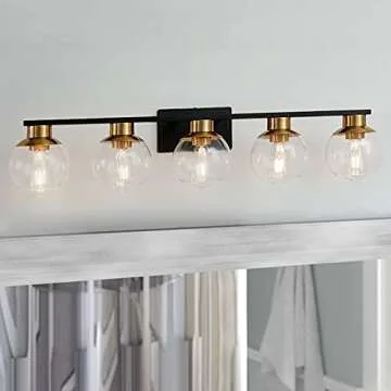 PAZALA Black Gold Bathroom Light Fixtures Over Mirror 5-Lights Vanity Light Wall Sconce with Globe Glass Shade, E26 Base, Perfect for Hallway Picture Wall Lighting Bathroom Bedroom Mirror Living Room