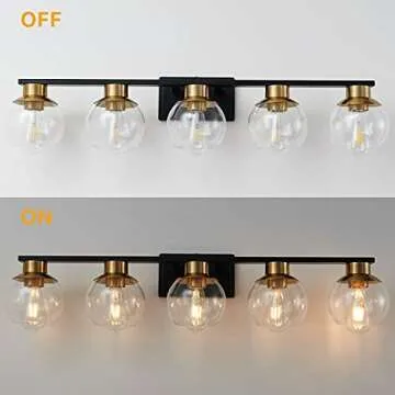 PAZALA Black Gold Bathroom Light Fixtures Over Mirror 5-Lights Vanity Light Wall Sconce with Globe Glass Shade, E26 Base, Perfect for Hallway Picture Wall Lighting Bathroom Bedroom Mirror Living Room