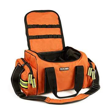 Scherber First Responder Fully-Stocked Large Professional Essentials EMT/EMS Trauma Kit | HSA/FSA Approved | Reflective Bag w/8 Zippered Pockets & Compartments & 250+ First Aid Supplies (Orange)