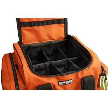 Scherber First Responder Fully-Stocked Large Professional Essentials EMT/EMS Trauma Kit | HSA/FSA Approved | Reflective Bag w/8 Zippered Pockets & Compartments & 250+ First Aid Supplies (Orange)