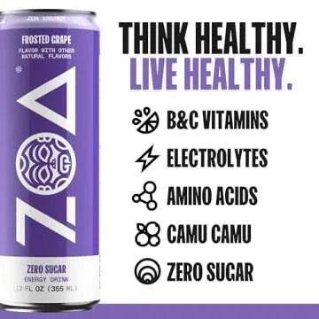 ZOA Zero Sugar Energy Drinks, Frosted Grape - Sugar Free with Electrolytes, Healthy Vitamin C, Amino...