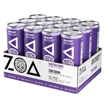 ZOA Zero Sugar Energy Drinks, Frosted Grape - Sugar Free with Electrolytes, Healthy Vitamin C, Amino Acids, Essential B-Vitamins, and Caffeine from Green Tea - 12 Fl Oz (12-Pack)