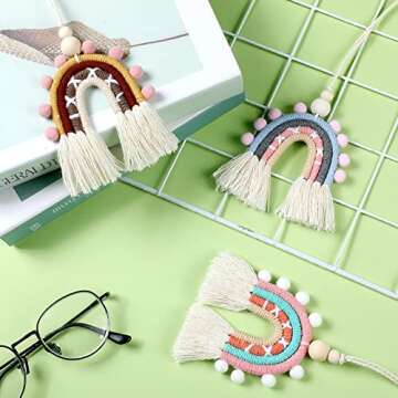 3 Pieces Boho Rainbow Car Charm Essential Oil Diffusers for Car Cute Car Air Fresheners Handmade Hanging Car Accessories Decor for Car Interior (Retro Style)