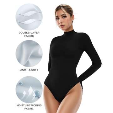 ALGALAROUND Double Lined Long Sleeve Bodysuit for Women Mock Turtle Neck Fitted Basic Going Out Tops