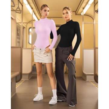 ALGALAROUND Double Lined Long Sleeve Bodysuit for Women Mock Turtle Neck Fitted Basic Going Out Tops
