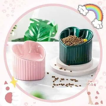 Mumufy 2 Pcs Ceramic Elevated Cat Bowls Tilted Elevated Raised Pet Bowls Anti Vomit Cat Dish for Indoor Stress Free Water Dish Feeder for Puppies, Heart Shaped(Pink, Peacock Green)