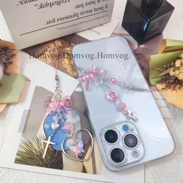 Homvog 1-4PCS Cute Phone Charms Aesthetic Y2K Cell Phone Charms Strap Pink Strawberry Butterfly Star Phone Charm Y2K Accessories for Phone Bag Keychain Airpods Camera Pendants Decor, metals