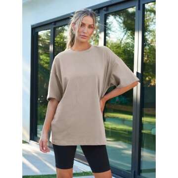 Trendy Queen Womens Oversized T Shirts Loose Fit Cotton Crewneck Short Sleeve Spring Tops Summer Casual Outfits 2024 Fashion Y2K Basic Tee Lightkhaki