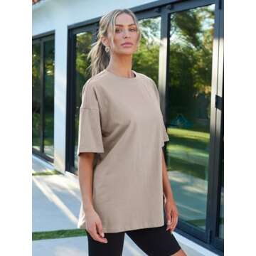 Trendy Queen Womens Oversized T Shirts Loose Fit Cotton Crewneck Short Sleeve Spring Tops Summer Casual Outfits 2024 Fashion Y2K Basic Tee Lightkhaki