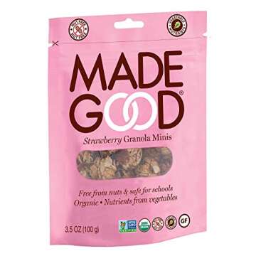 MadeGood Strawberry Granola Minis, 6 Pouches (3.5 oz/ea) Granola Clusters Made with Crunchy Oats and Juicy Strawberries; Convenient, Individually-Wrapped Portions; Allergy-Friendly, School-Safe Snack