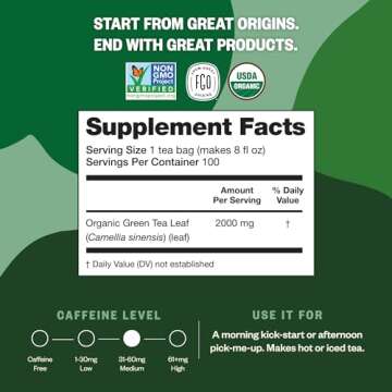 FGO Organic Green Tea, 100 Count Eco-Conscious Tea Bags, Caffeinated, Resealable Pouch, Packaging May Vary (Pack of 1)