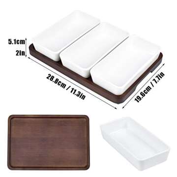 Creamic Snack Serving Tray 3 Pieces Long Strip Ceramic Bowls and A Brown Trays, Movable Moisture-Pro...