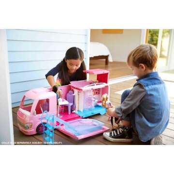 Barbie Camper Playset, DreamCamper Toy Vehicle with 50 Accessories Including Furniture, Pool & Slide, Hammocks & Fireplace