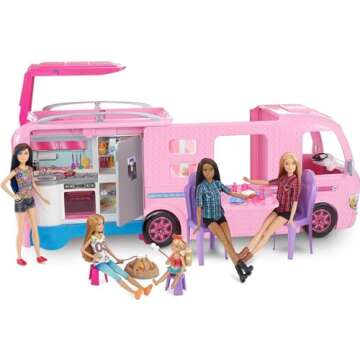 Barbie Camper Playset, DreamCamper Toy Vehicle with 50 Accessories Including Furniture, Pool & Slide, Hammocks & Fireplace