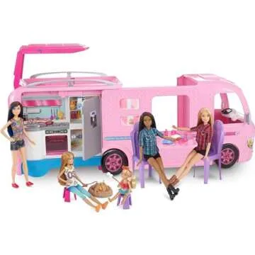 Barbie Camper Playset, DreamCamper Toy Vehicle with 50 Accessories Including Furniture, Pool & Slide, Hammocks & Fireplace