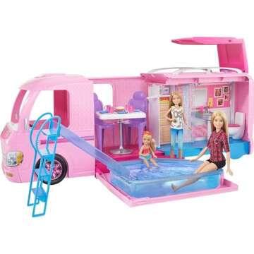Barbie Camper Playset, DreamCamper Toy Vehicle with 50 Accessories Including Furniture, Pool & Slide, Hammocks & Fireplace
