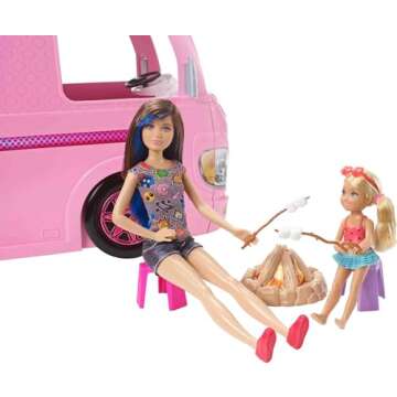 Barbie Camper Playset, DreamCamper Toy Vehicle with 50 Accessories Including Furniture, Pool & Slide, Hammocks & Fireplace