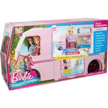 Barbie Camper Playset, DreamCamper Toy Vehicle with 50 Accessories Including Furniture, Pool & Slide, Hammocks & Fireplace