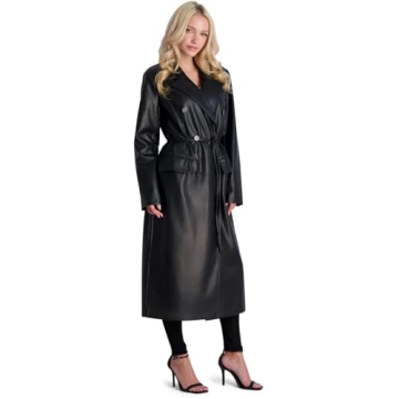 Avec Les Filles Black Belted Faux Leather Coat for Women