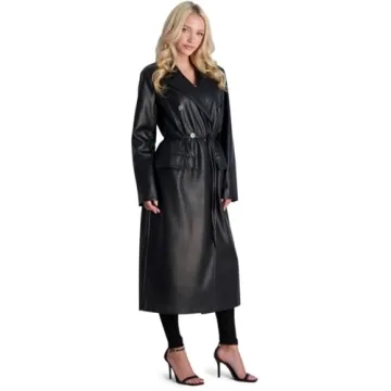 Avec Les Filles Black Belted Faux Leather Coat for Women