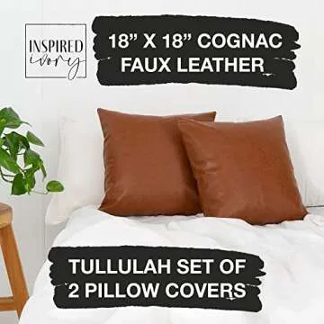 INSPIRED IVORY 18 x 18” Faux Leather Throw Pillow Covers - Set of 2 in Brown Tan - Strong Zippers, Double-Stitched, Vegan - Suits Cognac, Farmhouse, Modern - Tullulah Collection Decorative Cases