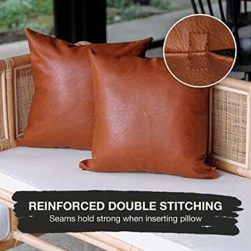 INSPIRED IVORY 18 x 18” Faux Leather Throw Pillow Covers - Set of 2 in Brown Tan - Strong Zippers, Double-Stitched, Vegan - Suits Cognac, Farmhouse, Modern - Tullulah Collection Decorative Cases