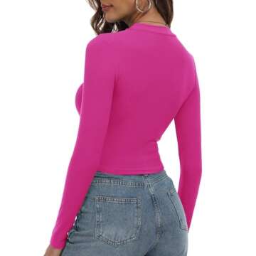 Artfish Women's Round Neck Long Sleeve Knit Ribbed Fitted Crop Top Casual Basic Shirts Hot Pink, S