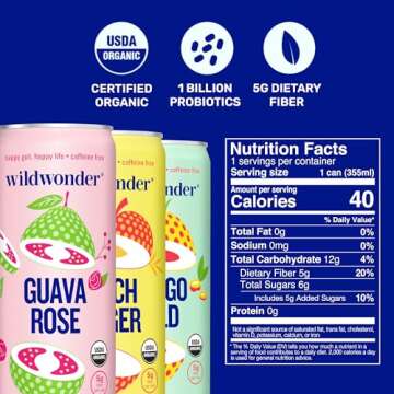 wildwonder Sparkling Probiotic Juice Drink w/Gut Health Immunity & Support 5g Fiber, Live Probiotics, Caffeine Free, Organic, Vegan, Low Sugar, 6pk 12oz, Classic Variety Pack, As Seen on Shark Tank