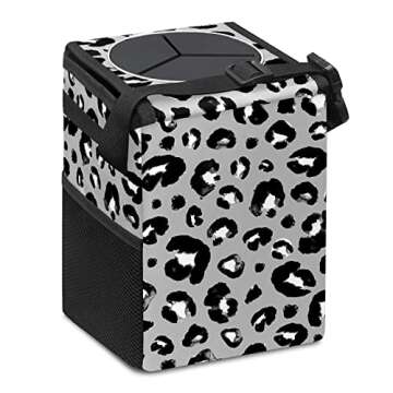 Gray Black Leopard PrintCar Trash Can with Lid Collapsible Reusable Waterproof Car Garage Bag,Automo...