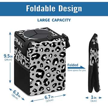 Gray Black Leopard PrintCar Trash Can with Lid Collapsible Reusable Waterproof Car Garage Bag,Automotive Garbage Can,Car Accessories Interior Car Organizer