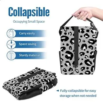 Gray Black Leopard PrintCar Trash Can with Lid Collapsible Reusable Waterproof Car Garage Bag,Automotive Garbage Can,Car Accessories Interior Car Organizer