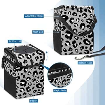Gray Black Leopard PrintCar Trash Can with Lid Collapsible Reusable Waterproof Car Garage Bag,Automotive Garbage Can,Car Accessories Interior Car Organizer