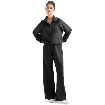 SUUKSESS Women 2 Piece Lounge Matching Set Wide Leg Sweatpant Half Zip Sweatshirt
