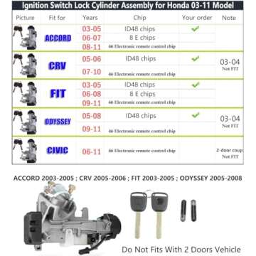 Ignition Switch Lock Cylinder Assembly Compatible with Honda Accord CRV Odyssey FIT 06350-SAA-G30 35...
