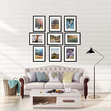 Lavezee 11x14 Picture Frame Set of 9, Black Frames for Photos 8x10 with Mat or 11x14 Without Mat, Table Top and Wall Mounting Decor