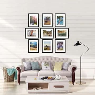 Lavezee 11x14 Picture Frame Set of 9, Black Frames for Photos 8x10 with Mat or 11x14 Without Mat, Table Top and Wall Mounting Decor