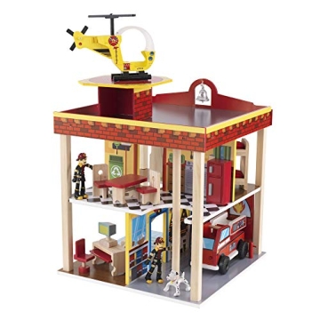 KidKraft Wooden Fire Station Set for 360 Degree Play - Wooden Construction, Working Garage Doors, Be...