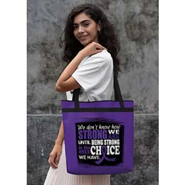 Fight Like a Girl How Strong We Are Darcey Tote Bag for Lupus, Pancreatic Cancer, Epilepsy Awareness - Purple Ribbon