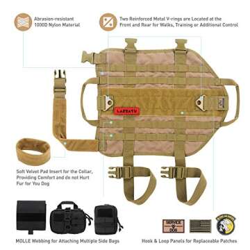 Laisatu Tactical Service Dog Vest - K9 Military Dog Harness with Dual Handles - Outdoor Dog Utility Vest with MOLLE Webbing for Training Walking Camping (M, Tan)