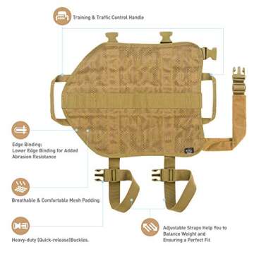 Laisatu Tactical Service Dog Vest - K9 Military Dog Harness with Dual Handles - Outdoor Dog Utility Vest with MOLLE Webbing for Training Walking Camping (M, Tan)