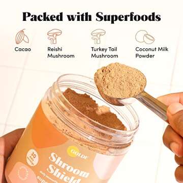 GOLDE Pure Matcha - 100% Pure Japanese Ceremonial Grade Matcha Green Tea Powder Shroom Shield - Superfood with Turkey Tail Mushroom, Reishi Mushroom Extract, Cacao and Coconut Milk Powder