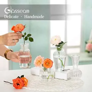 Modern Clear Glass Bud Vase Set: Glasseam 8Pcs Small Mini Flower Centerpieces Vases Handmade Decorative Cute Short Window Home Decor for Wedding Reception Dining Table Single Rose