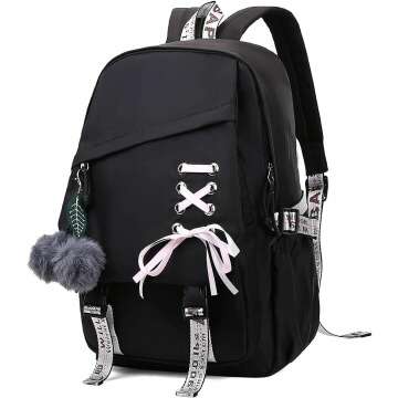 FENGDONG Teenage Girls School Backpack - Stylish Black Casual Daypack