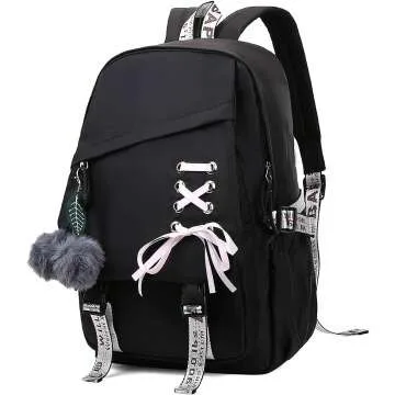 FENGDONG Girls School Backpack - Casual Black Daypack